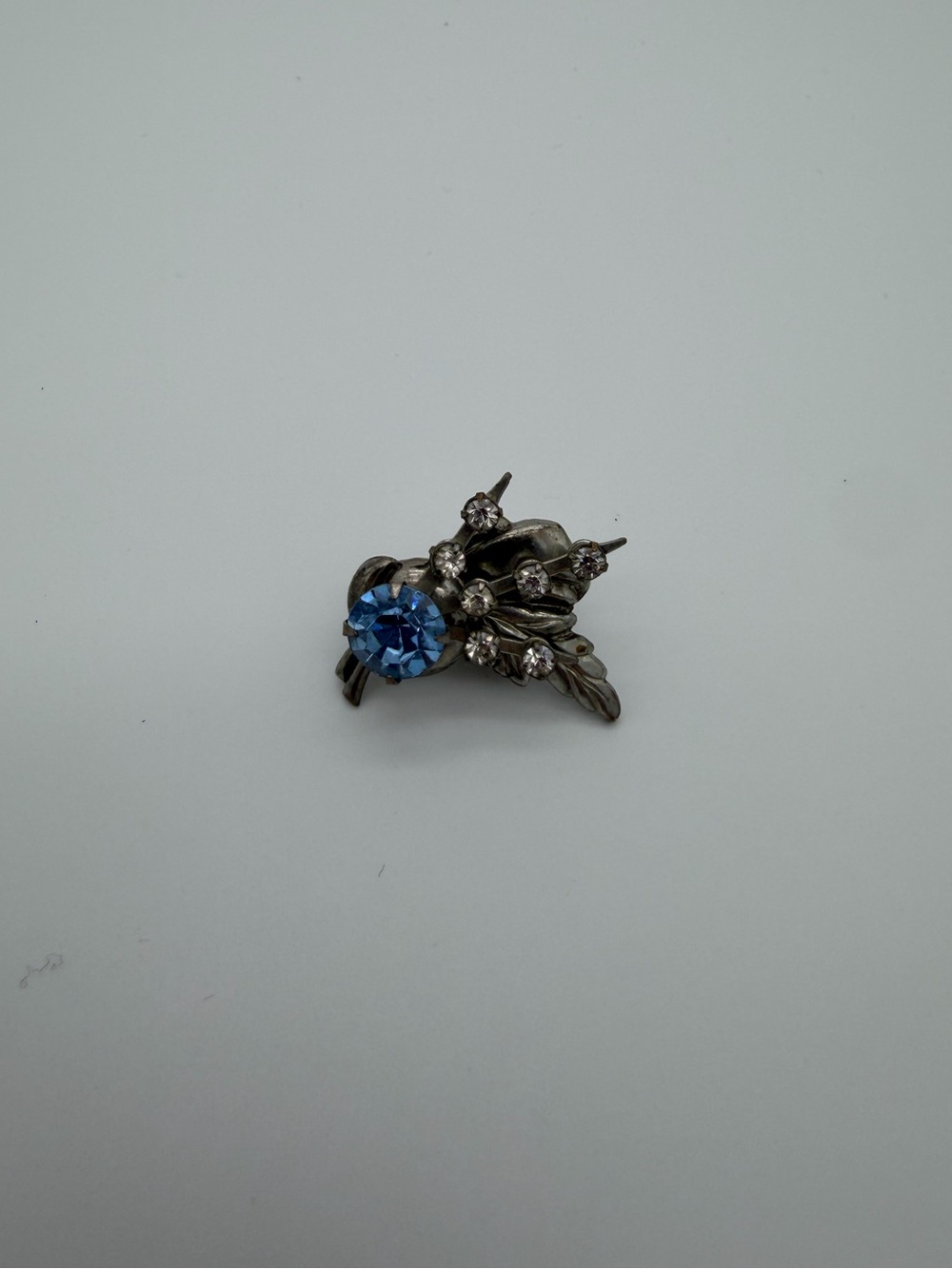 Blue Crystal Floral Brooch - Silver Tone